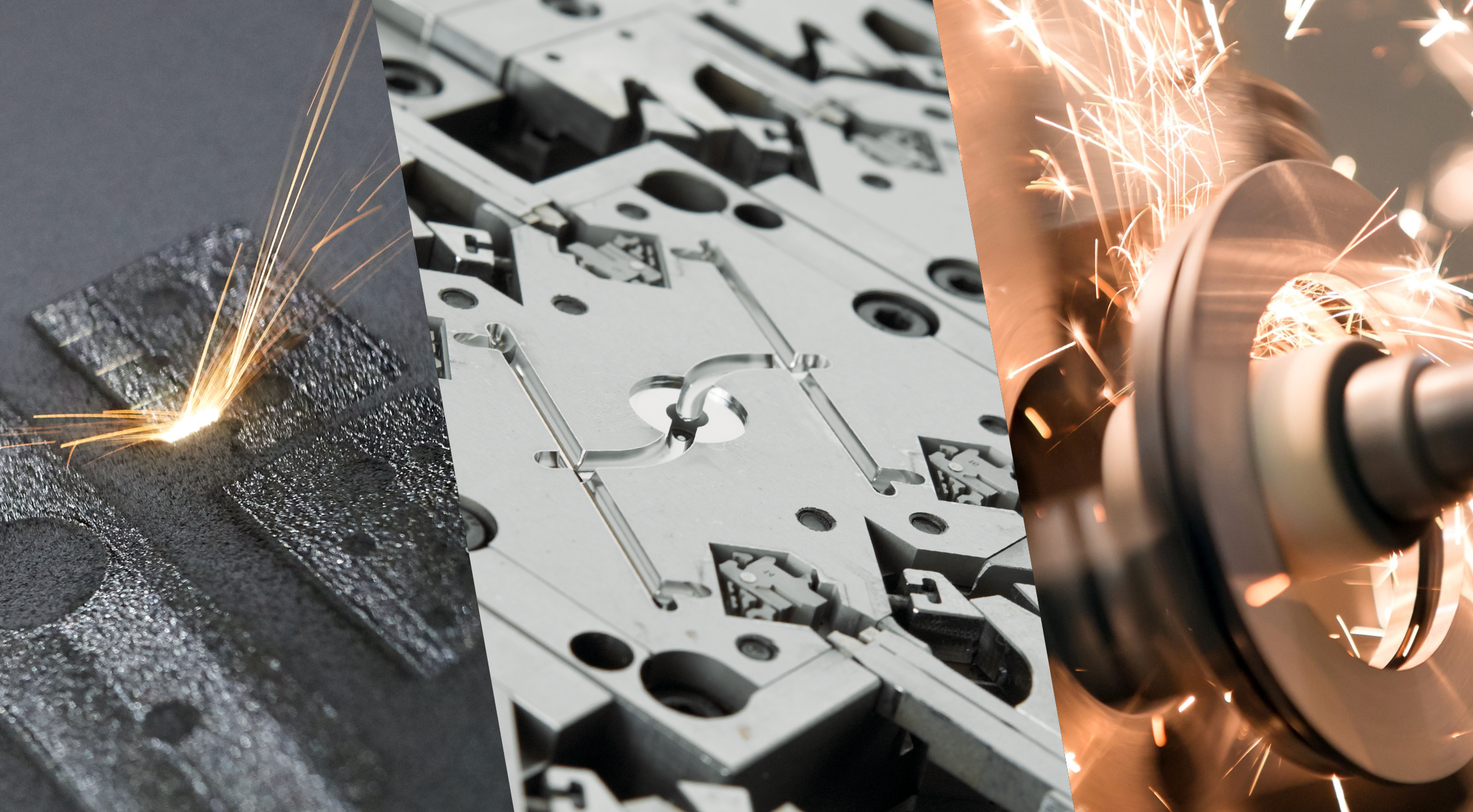 Close-up of a laser, a metal component and a machine with sparks